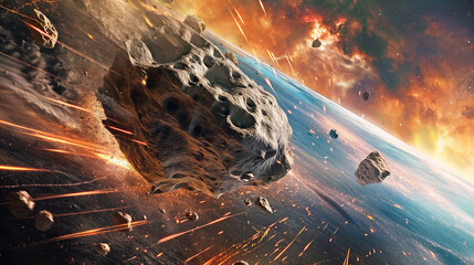 Wall Mural - space background planet earth and burning comet. giant asteroid is approaching the earth. realistic 