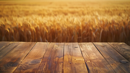 Wall Mural - The empty wooden table top with blur background of wheat farm Exuberant image : Generative AI