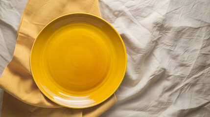 Wall Mural - Top view on colored background empty round yellow plate on tablecloth for food Empty dish on napkin with space for your design : Generative AI