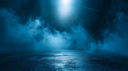 Poster - A dark empty street dark blue background an empty dark scene neon light spotlights The asphalt floor and studio room with smoke float up the interior texture night view : Generative AI