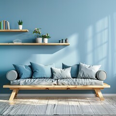 Canvas Print - Modern living room setup with cozy couch, blue walls, and warm wooden accents