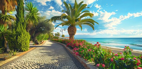 Poster - A picturesque seaside pathway lined with lush palm trees and vibrant flowers overlooking the tranquil sea