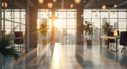 Wall Mural - An interior shot of a spacious modern office at sunset, with warm sunlight streaming in