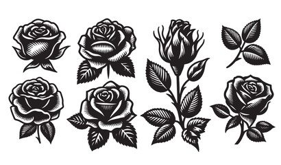 Sticker - Beautiful rose flower set. Engraving black sketch tattoos. Vector illustration, icons