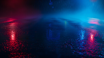 Poster - Dark street reflection on wet asphalt fog night city Rays of neon light in the dark neon light smoke Empty background scene Abstract dark background : Generative AI
