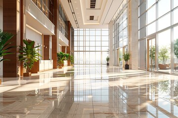 Sticker - This corporate lobby exudes luxury with high ceilings, marble floors, glass walls, and lush indoor plants by the seating area