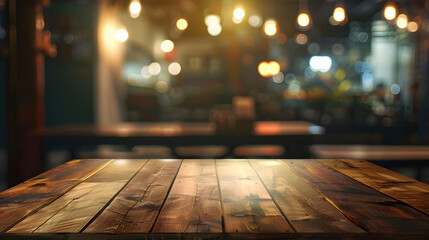 Wall Mural - Empty wood table for product display in blur background of admirable restaurant at night : Generative AI