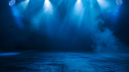 Poster - The dark stage shows dark blue  background an empty dark scene neon light spotlights The asphalt floor and studio room with smoke float up the interior texture for display products : Generative AI