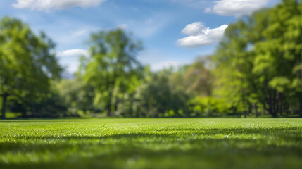 Poster - Beautiful blurred background image of spring nature with a neatly trimmed lawn surrounded by trees against a blue sky with clouds on a bright sunny day : Generative AI