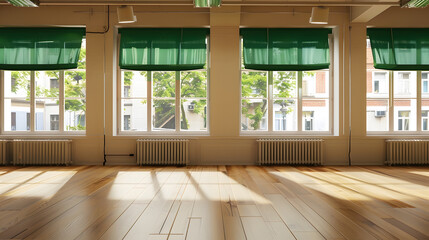 Canvas Print - Empty room with wooden flooring aluminum windows with radiators below with green awnings on the outside and oak joinery : Generative AI