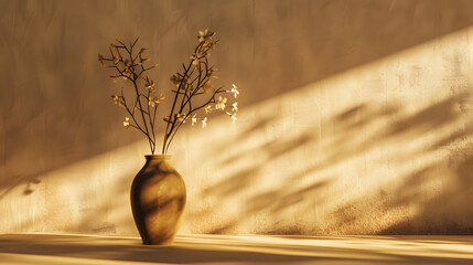Aufkleber - Flowers in vase shade silhouette on a neutral beige textured wall and floor background aesthetic sun light shadow empty template for home room interior product mockup with copy space : Generative AI