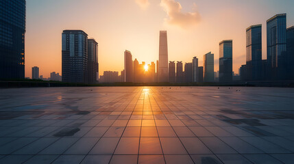 Poster - Empty square floors and city skyline with modern buildings at sunset in Suzhou Jiangsu Province China high angle view : Generative AI