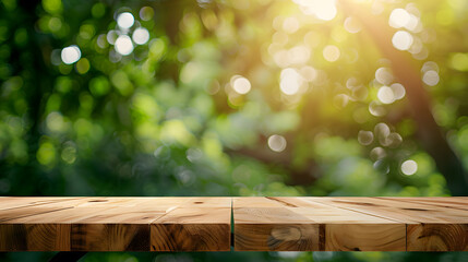 Aufkleber - Wood table top on blur green tree background for display or montage product : Generative AI