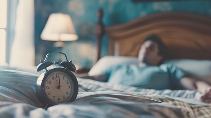 Alarm clock with male model in bed in background. Shallow depth of field.