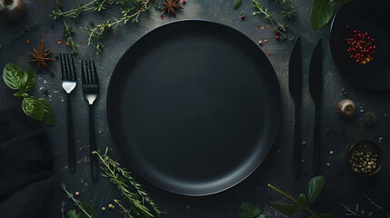 Aufkleber - An empty black plate on a dark concrete background with spices herbs and cutlery Home dinner cooking : Generative AI