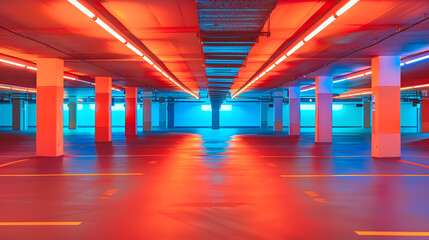 Poster - Empty underground car parking lot inEurope Wideangle view neon lights no people : Generative AI