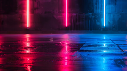 Poster - Light effect blurred background Wet asphalt night view of the city neon reflections on the concrete floor Night empty stage studio Dark abstract background dark empty street Night city : Generative AI