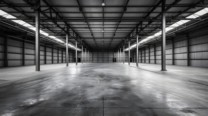 Poster - Empty Storehouse Interior for Background Abandoned Parking Lot Black and White Look : Generative AI