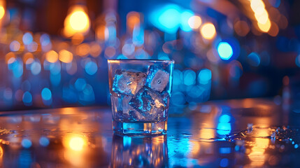 Poster - ice cube in an empty glass on a bar counter in bar or pub : Generative AI
