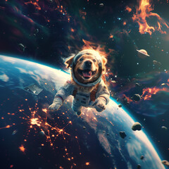 Astronaut dog with a joyful smile floating in Space, a cheerful dog in a spacesuit flying in outer space