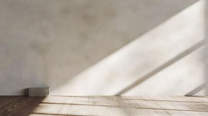 Aufkleber - Aesthetic geometric sunlight shadows on white textured wall and beige wooden floor empty template for home room interior product background for branding design showcase copy space : Generative AI