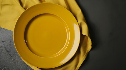 Aufkleber - Top view on colored background empty round yellow plate on tablecloth for food Empty dish on napkin with space for your design : Generative AI