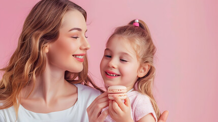 Mother and daughter kid banner copy space isolated background happy family of young girls hold french macaron cookies sweet life : Generative AI