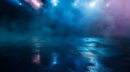 Poster - Dark street wet asphalt reflections of rays in the water Abstract dark blue background smoke smog Empty dark scene neon light spotlights Concrete floor : Generative AI
