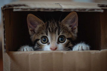 Wall Mural - A kitten is peeking out of a cardboard box