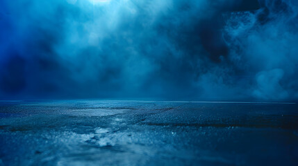 Aufkleber - A dark empty street dark blue background an empty dark scene neon light spotlights The asphalt floor and studio room with smoke float up the interior texture night view : Generative AI