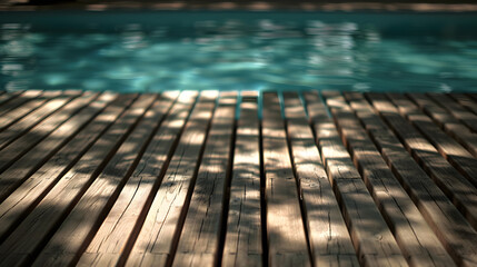 Poster - Empty wooden deck with swimming pool : Generative AI