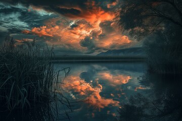 Wall Mural - Serene lake scene with a fiery sunset sky reflected in still waters, framed by silhouetted foliage