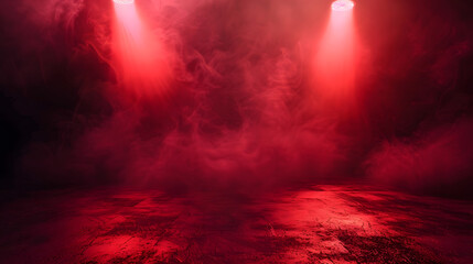 Poster - The dark stage shows dark red background an empty dark scene neon light and spotlights The concrete floor and studio room with smoke float up the interior texture for display products : Generative AI