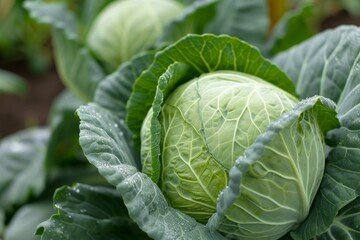 Canvas Print - Close-up of a green cabbage head with dew on leaves, growing in the garden