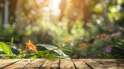 Wall Mural - Wooden table top with blur background of garden For montage products : Generative AI