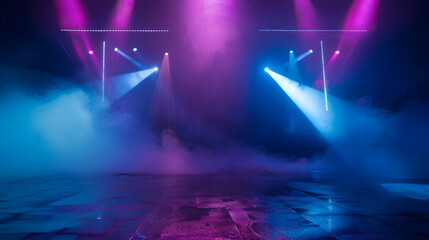Poster - Dark stage shows blue and purple background an empty dark scene laser beams neon spotlights reflection on the asphalt floor studio room with smoke floating up for display products : Generative AI