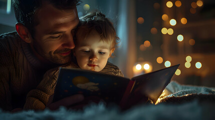 Poster - Authentic and Heartwarming: Parent Reading Bedtime Story to Child   Cozy Family Bonding Moment Captured in Realistic and Intimate Photo Scene