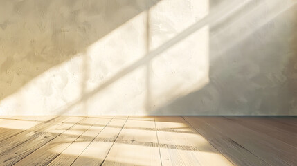 Aufkleber - Aesthetic geometric sunlight shadows on white textured wall and beige wooden floor empty template for home room interior product background for branding design showcase copy space : Generative AI