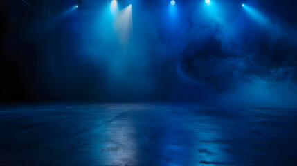 Poster - The dark stage shows dark blue  background an empty dark scene neon light spotlights The asphalt floor and studio room with smoke float up the interior texture for display products : Generative AI