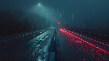 Wall Mural - View empty dark night blue foggy misty rainy highway city road backlight red traces low poor visibility cold spring autumn season Seasonal bad rainy weather accident danger warning car : Generative AI