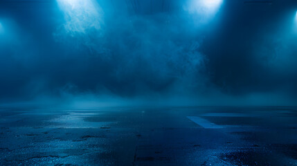 Poster - A dark empty street dark blue background an empty dark scene neon light spotlights The asphalt floor and studio room with smoke float up the interior texture night view : Generative AI