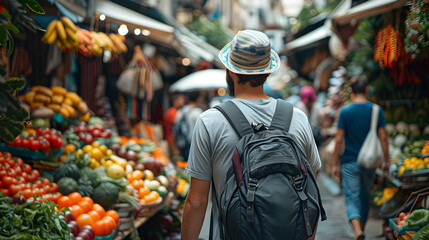 Poster - Exciting Tourists Exploring Vibrant Market: Candid Shot Capturing Curiosity and Natural Interactions in Bustling Market   Travel Concept