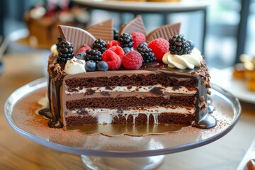 Wall Mural - Delectable layered chocolate cake adorned with fresh berries on a cake stand