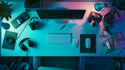 Fototapete - Office desktop with computer and accessories Top view : Generative AI