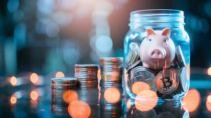 Poster - Background of coins stacks in pig jar with empty label banner profession business saving plan for family invest longterm in retirement real estate wealth management investment : Generative AI