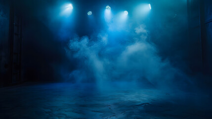 Aufkleber - The dark stage shows dark blue  background an empty dark scene neon light spotlights The asphalt floor and studio room with smoke float up the interior texture for display products : Generative AI