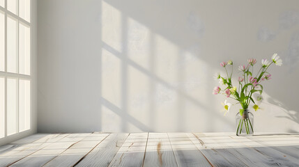 Aufkleber - Table background of free space and kitchen interiorWhite wall with shadows and sunny warm morning timeCopy space for your composition Easter table with spring flowers in a sunny April  : Generative AI