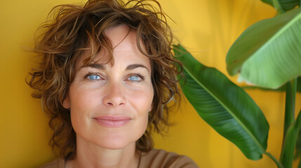 Front view portrait of mature woman on a yellow background