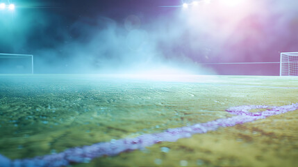 Wall Mural - textured soccer game field with neon fog  center midfield : Generative AI