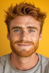 Wall Mural - Front view portrait of young man with beard on yellow background